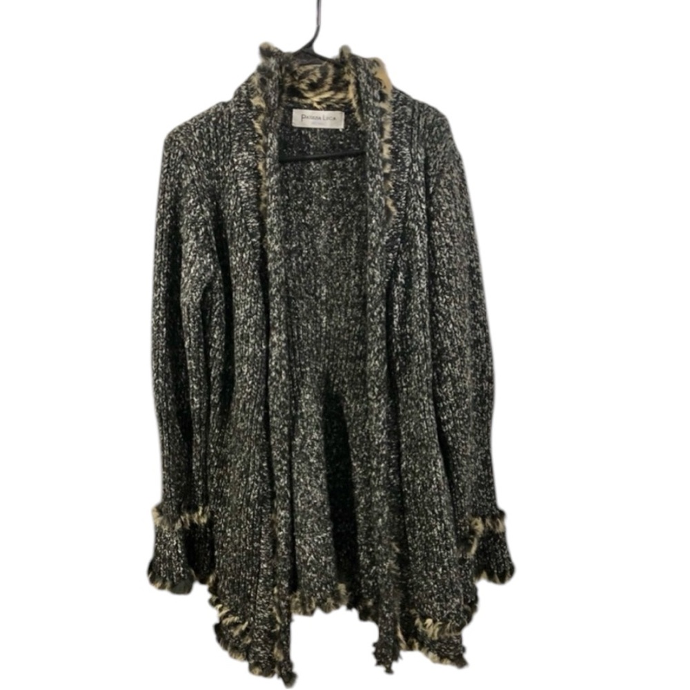 Patrizia Luca Women’s Black, White, Faux Fur Trim Bell Sleeves Cardigan Sweater